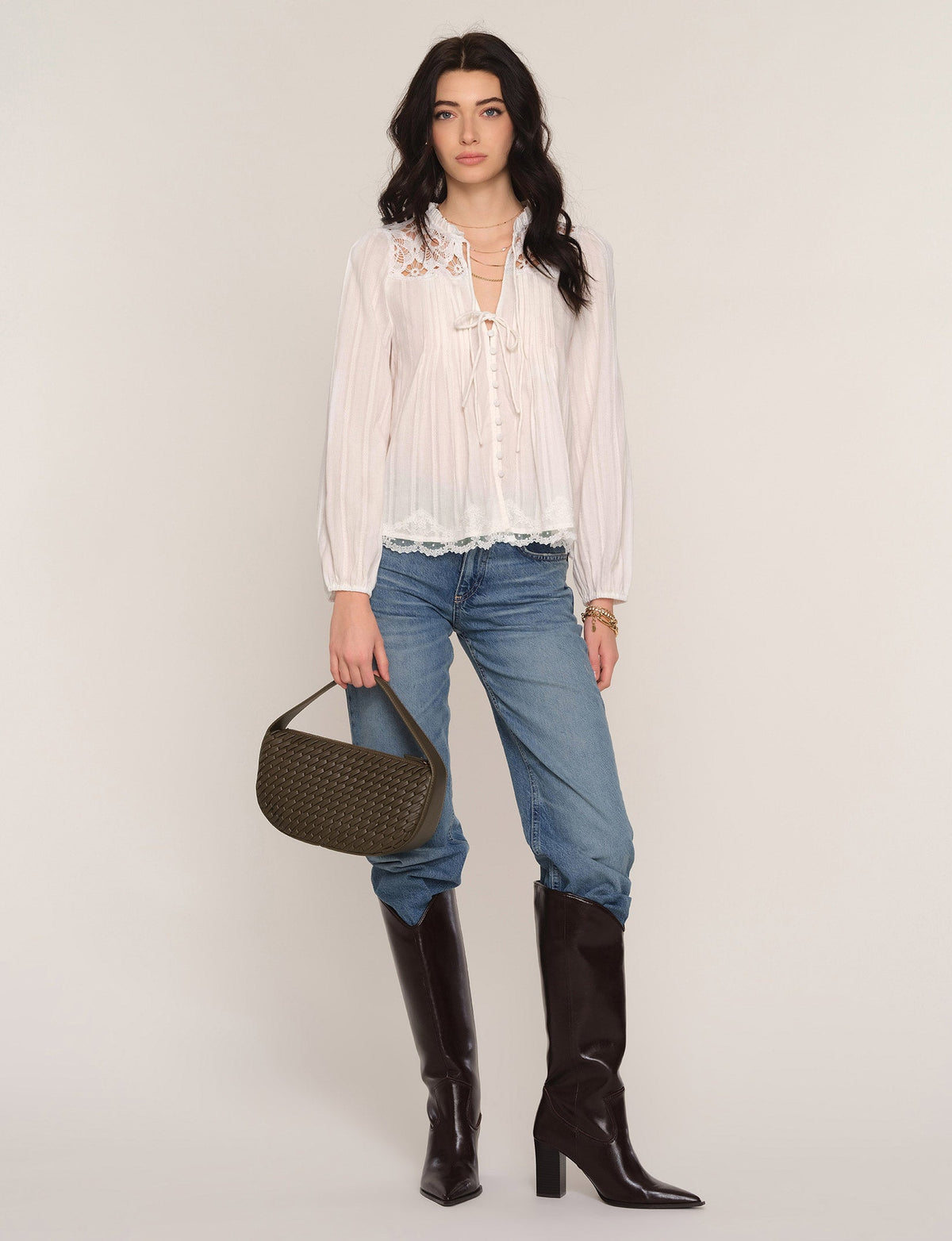 Ivory sheer blouse with lace collar and front buttons, long sleeves, lace hem