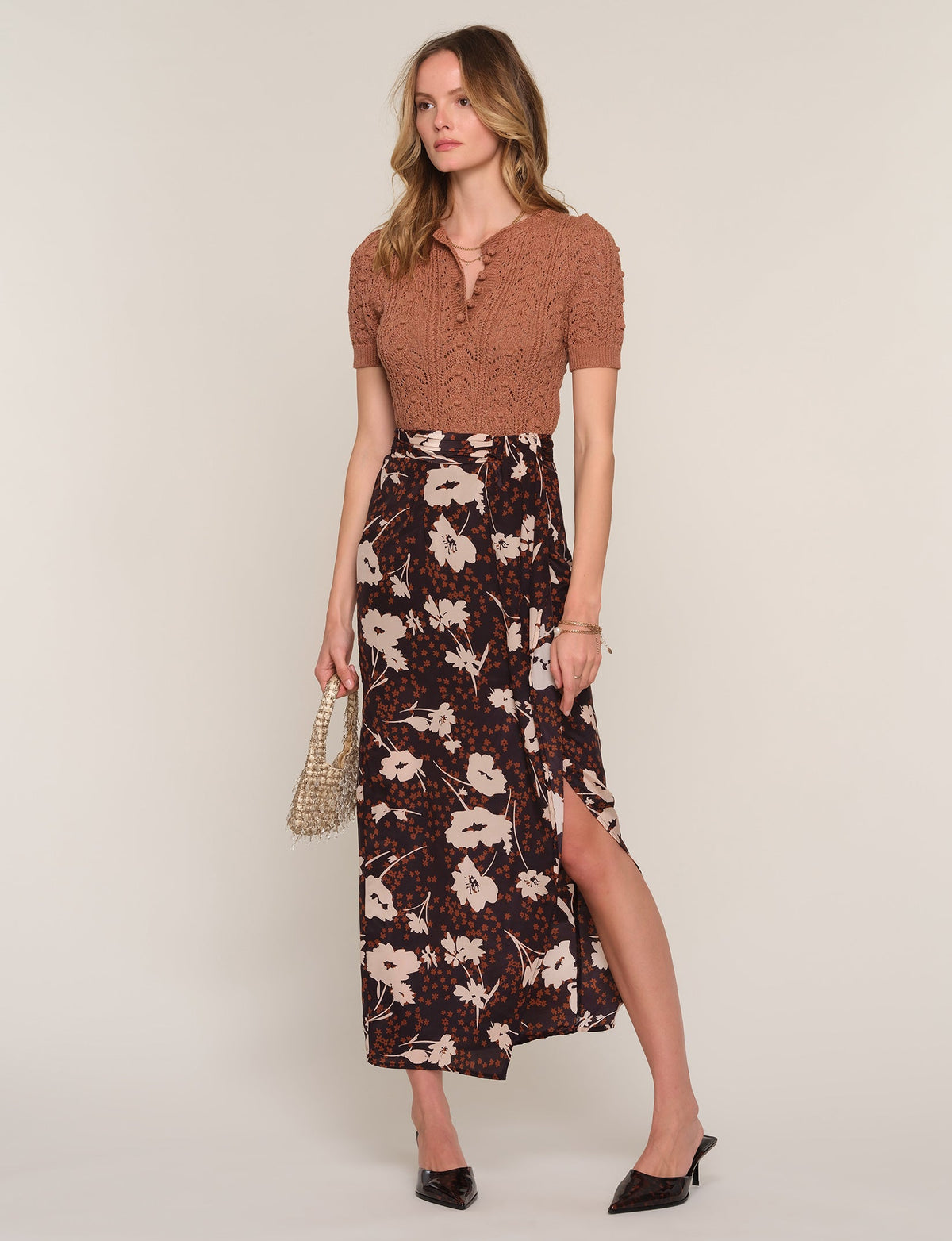 Zander skirt, dark floral maxi with side slit and elastic waist