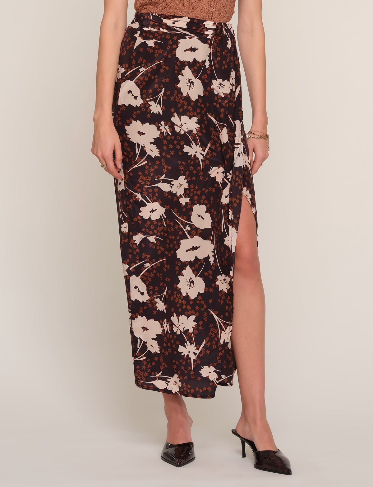 Zander skirt lower half: dark floral print maxi with front side slit