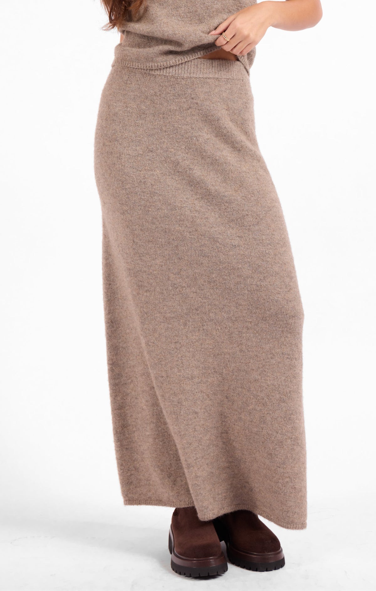 Heather taupe maxi skirt with fitted waistband and front slit