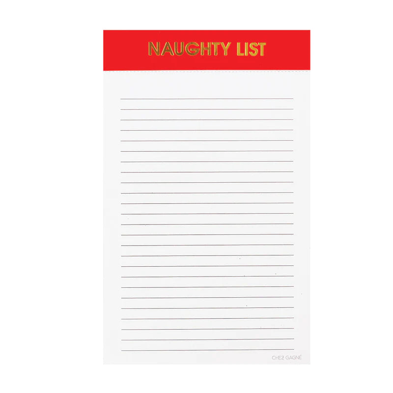 Naughty List notepad with a red header, gold lettering, and lined white pages