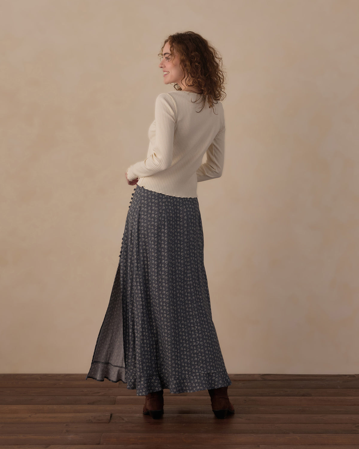 Natural ribbed long-sleeve scoop-neck top, back view