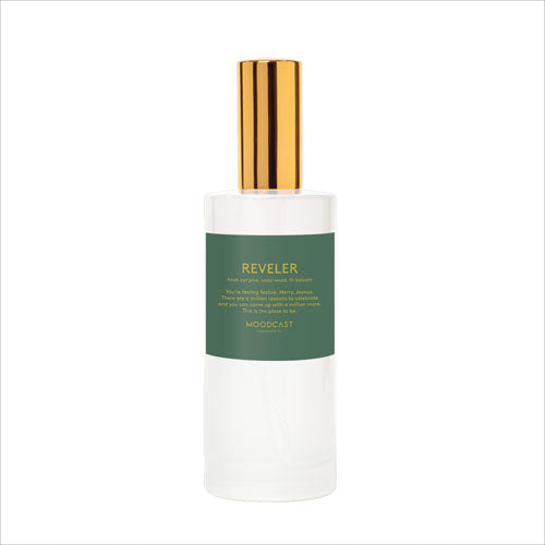 Room spray bottle with white cap, gold sprayer, green label