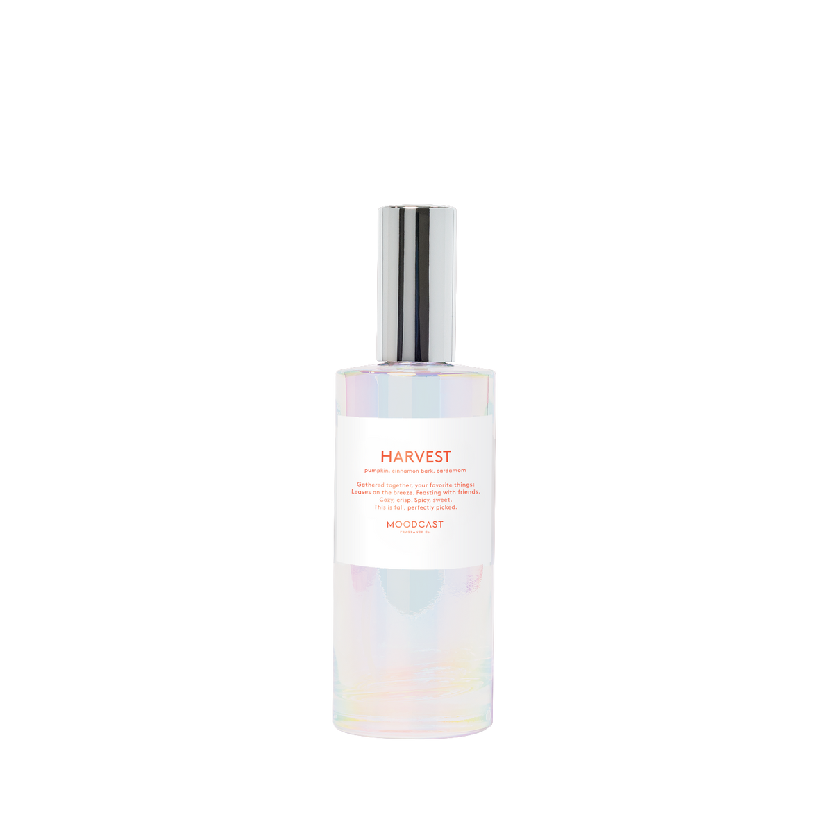 Room spray bottle with white label, clear bottle, and silver pump top