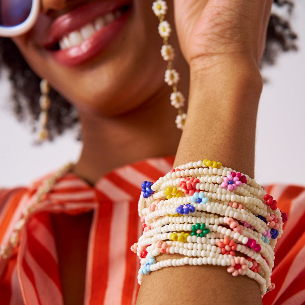 Sage Flower Beaded Stretch Bracelet Set