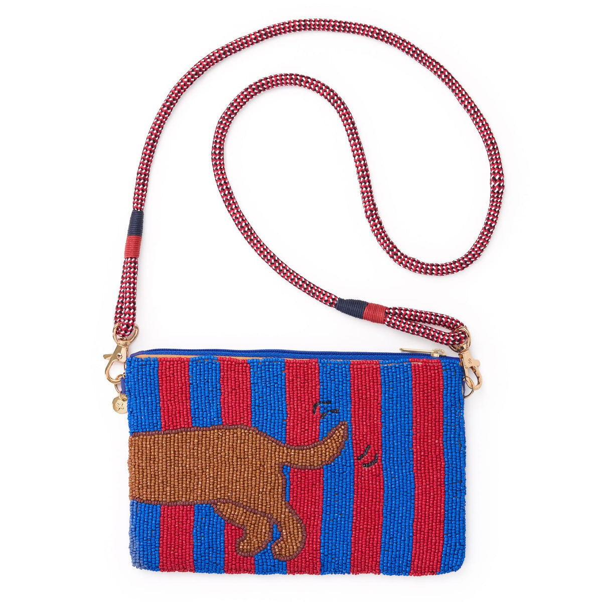 Beaded dachshund crossbody bag with blue/red vertical stripes, frontal dog applique.
