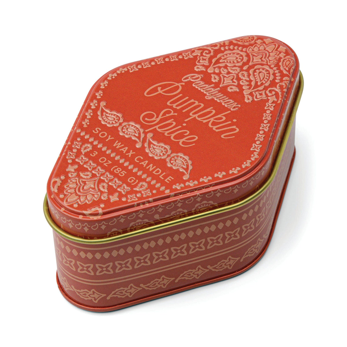 Scented candle in red decorative metal tin with hinged lid and ornate print