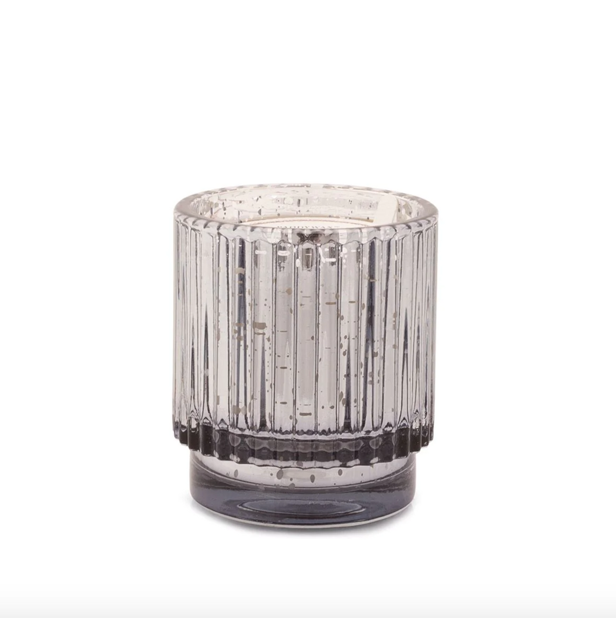 Short ribbed glass tumbler, clear with silver tones and dark base