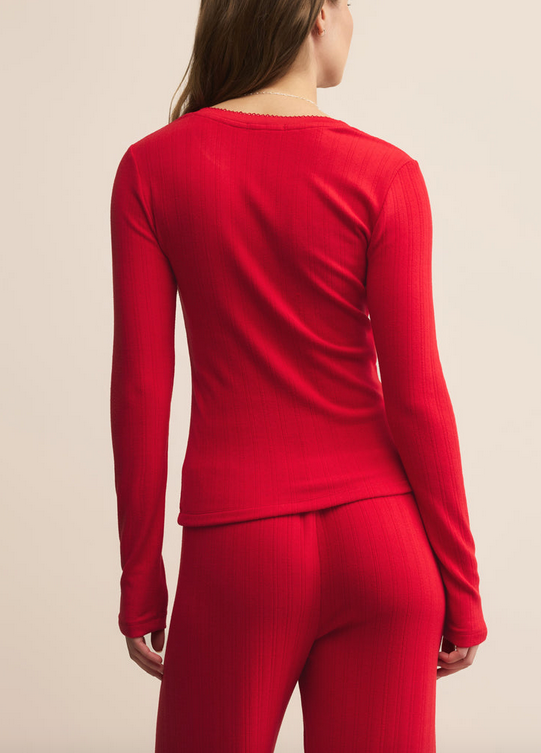 Holly Pointelle Long Sleeve - Festive Red