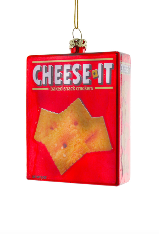 Red Cheese It snack cracker package ornament with hanging gold loop