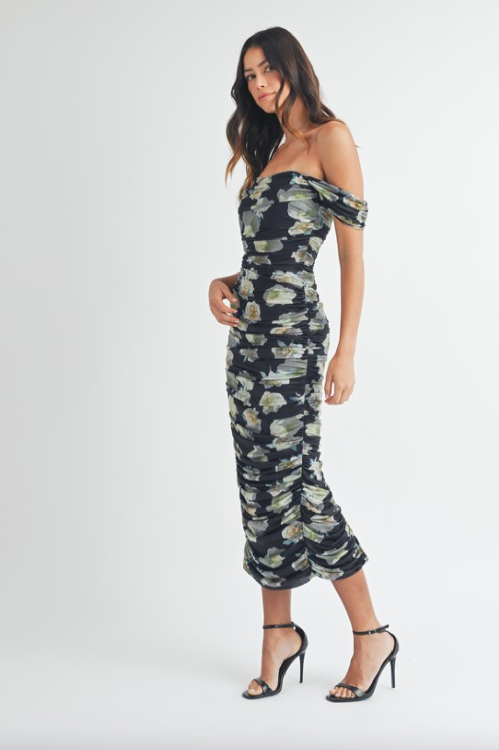 Midsummer Floral Ruched Dress - Black