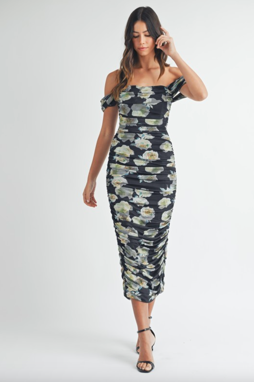 Midsummer Floral Ruched Dress - Black