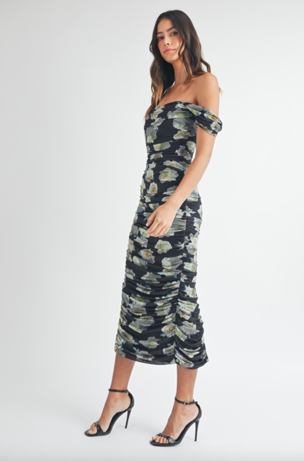 Midsummer Floral Ruched Dress - Black