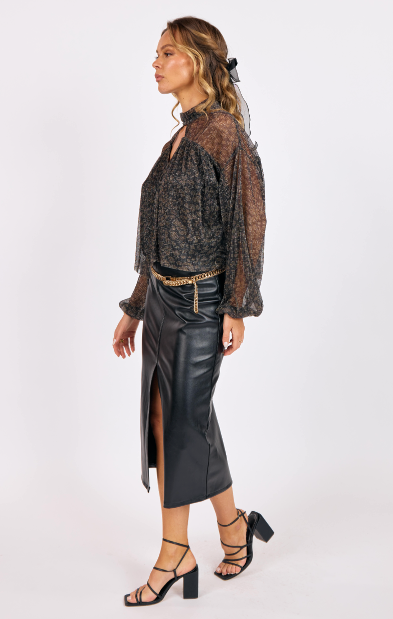 La Soiree Pleated Mesh Keyhole Top