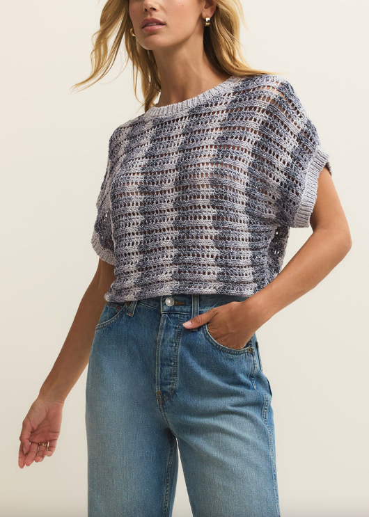 Ballast Crochet Stripe Top - Calypso Blue Indigo