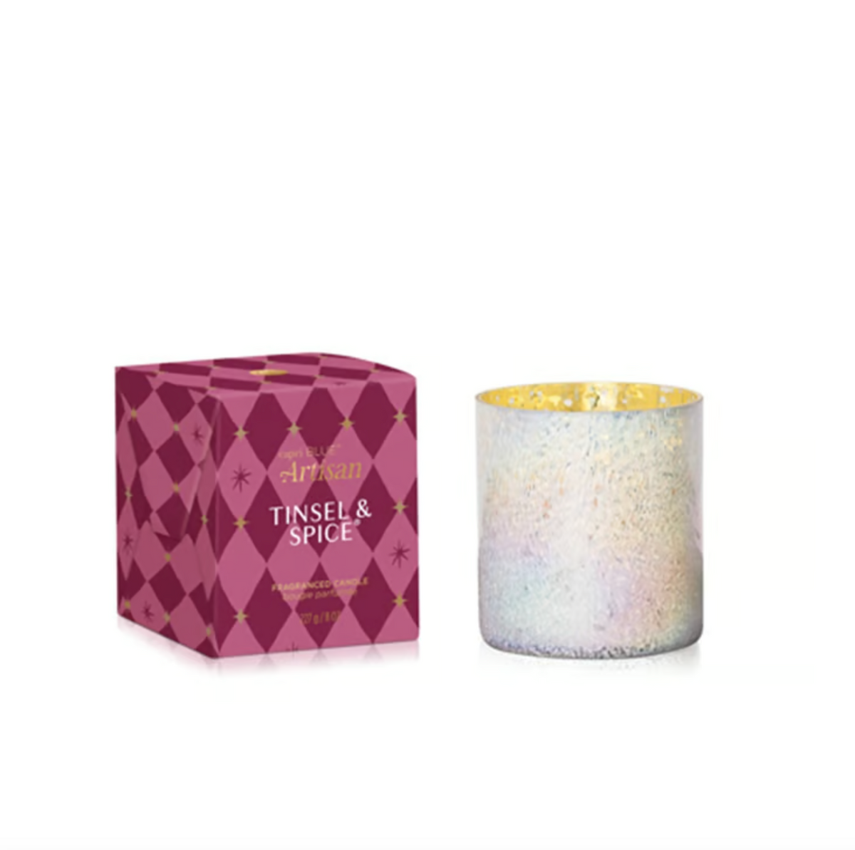 Winter boxed tumbler set with maroon patterned box and glittery gold-rim speckled cup
