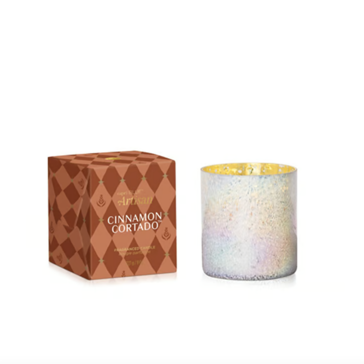 Gold-rim speckled tumbler with brown geometric gift box packaging