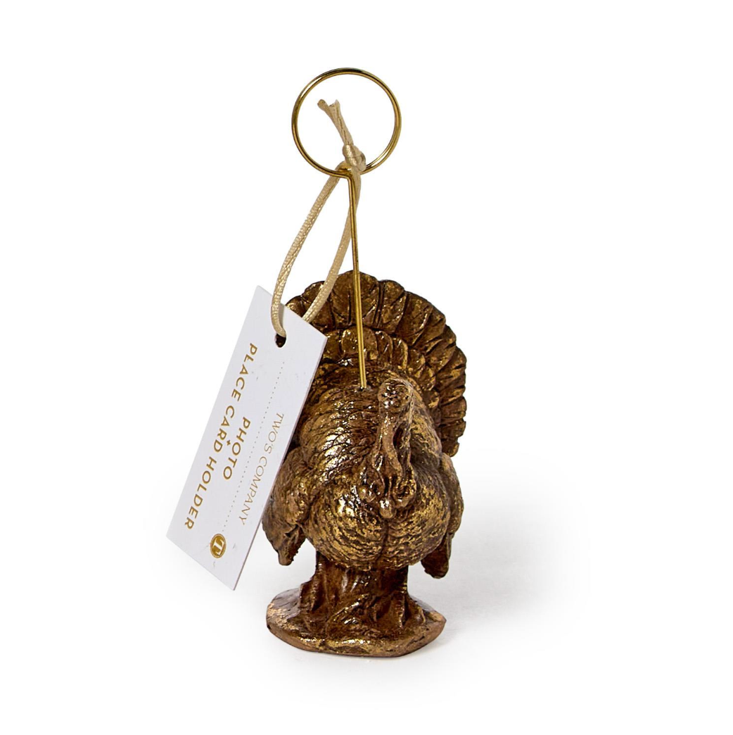 Golden turkey place card holder with circular ring and hanging place card
