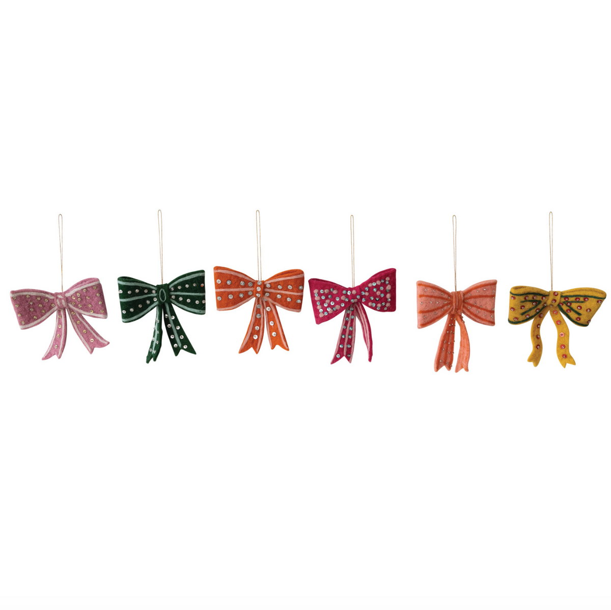 Hanging felt bow ornaments in purple, green, orange, hot pink, and yellow, single row.