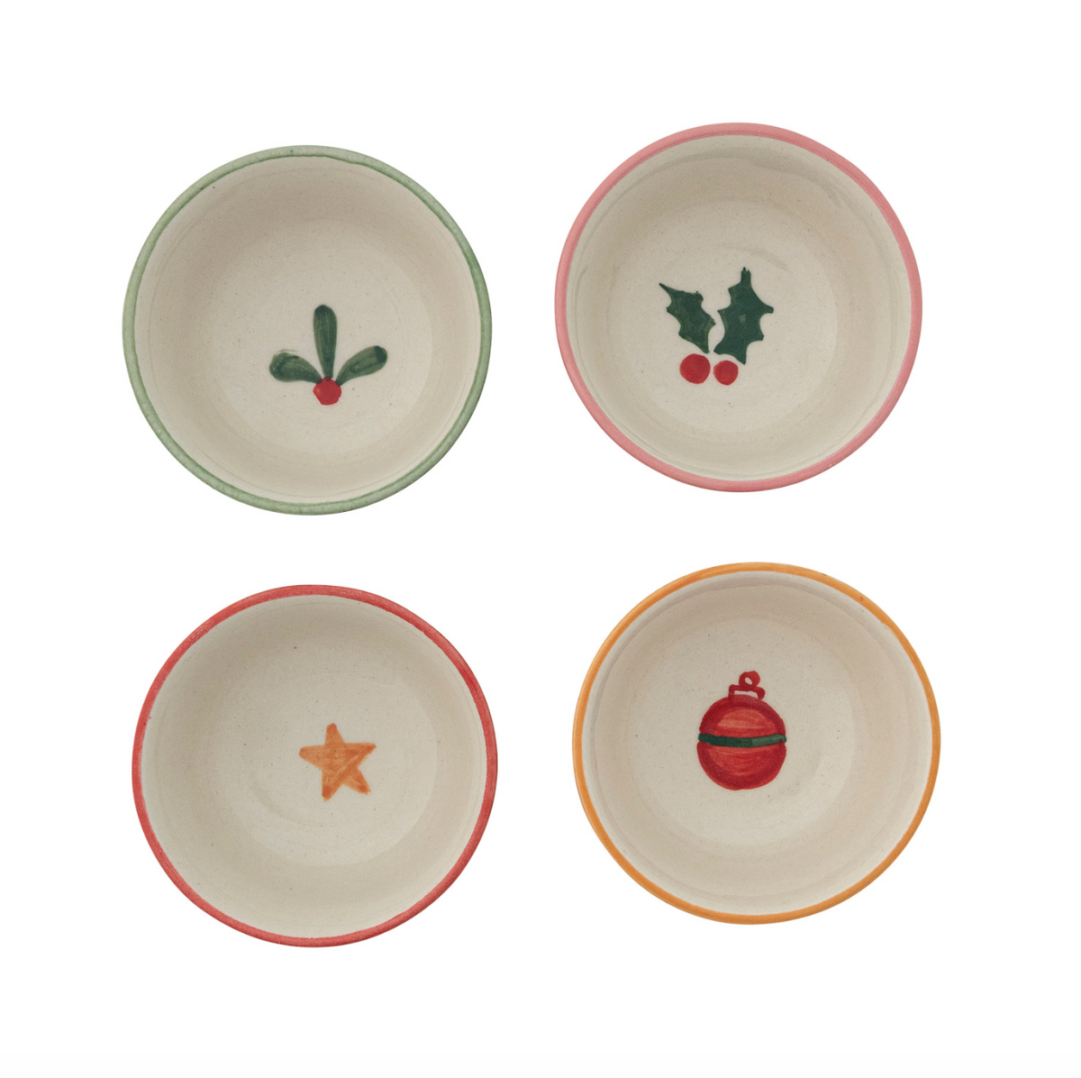 Four stoneware bowls with holly, cherries, star, and ornament motifs