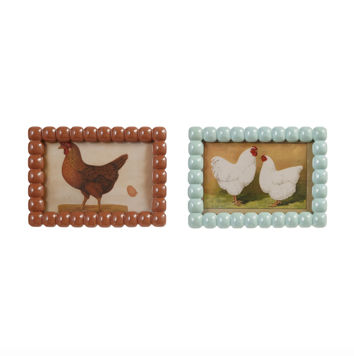 Square bobbin photo frames, brown and light blue beaded borders with chicken inserts