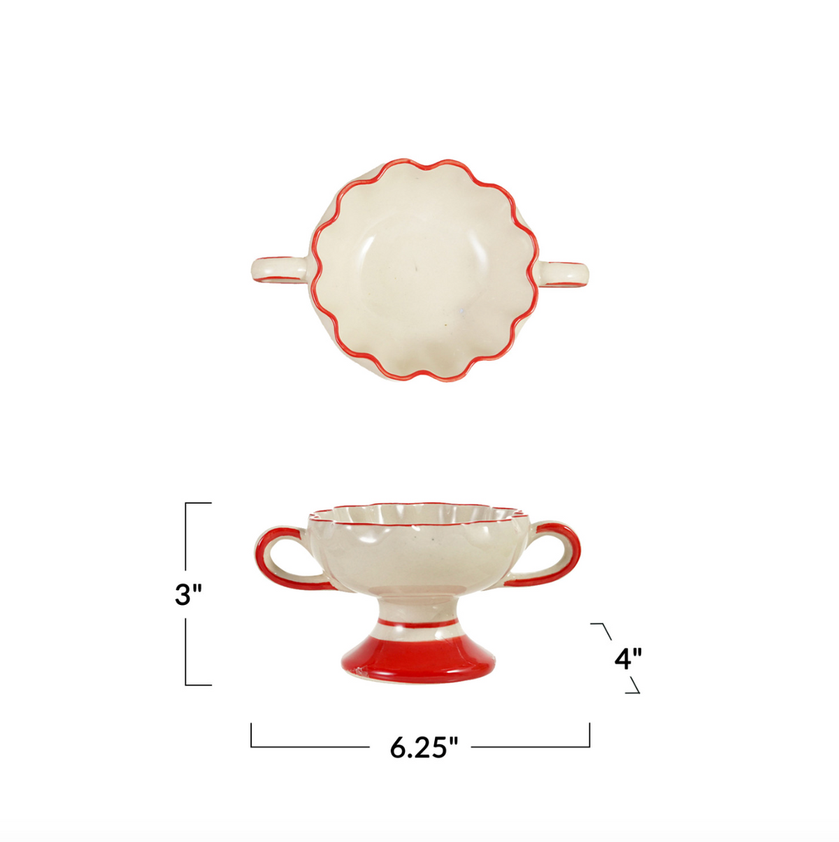 Red-rim scalloped footed bowl, white ceramic; approx 6.25 in wide, 4 in tall