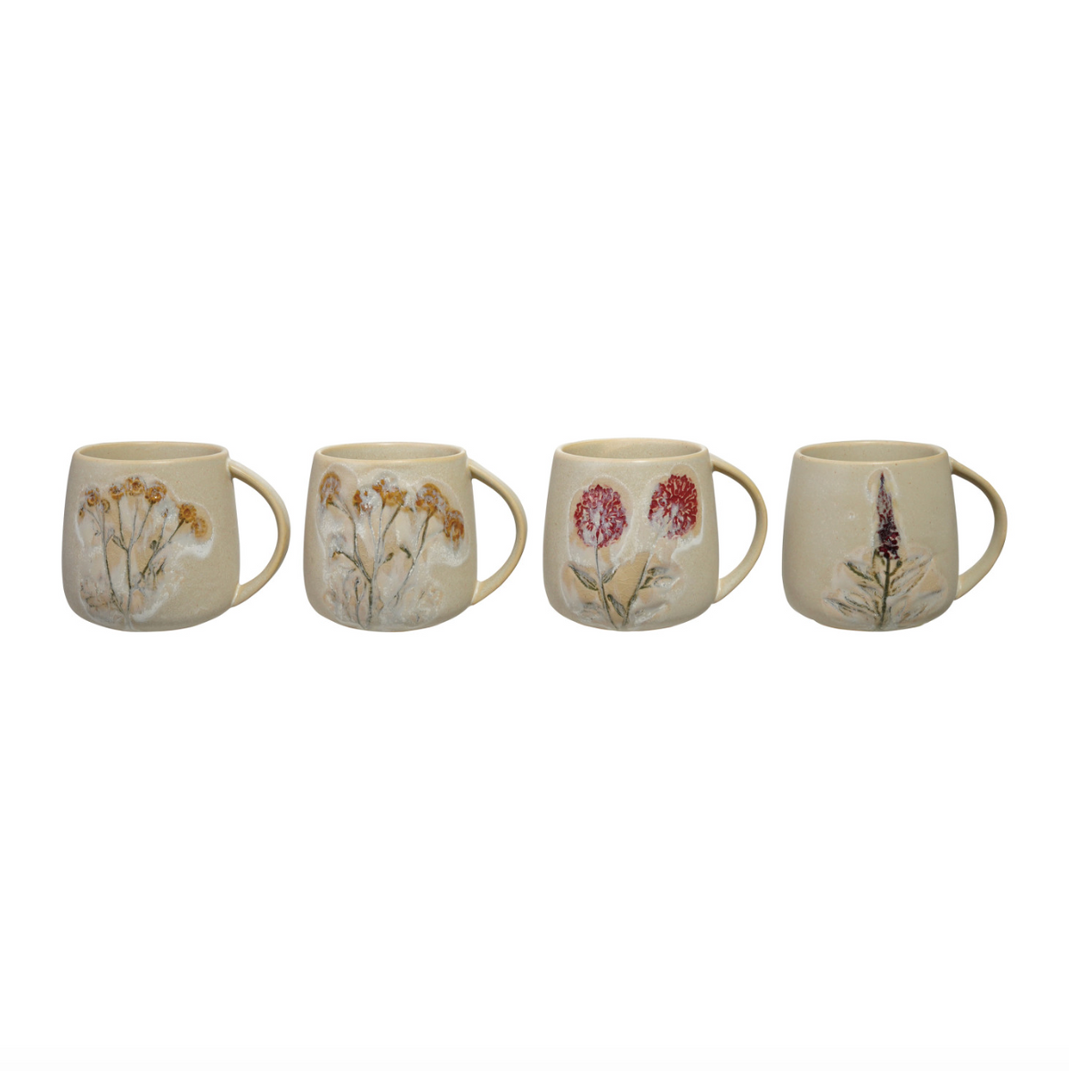 Botanical ceramic mugs set on cream with pressed floral designs, assorted colors