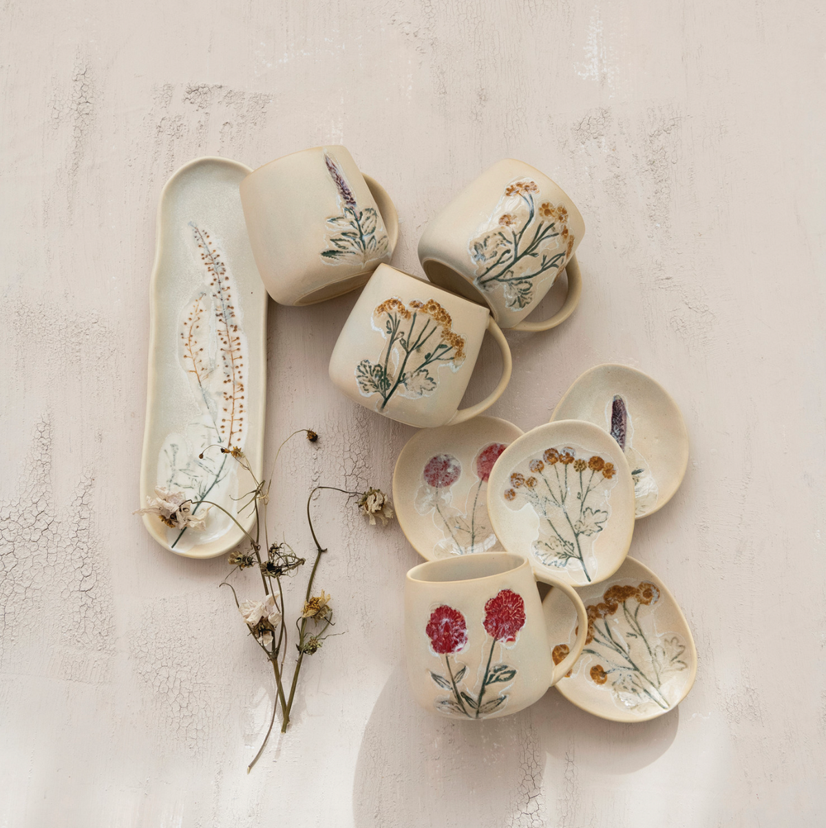 Botanical mug set of cream ceramic cups with pressed flower prints and handles