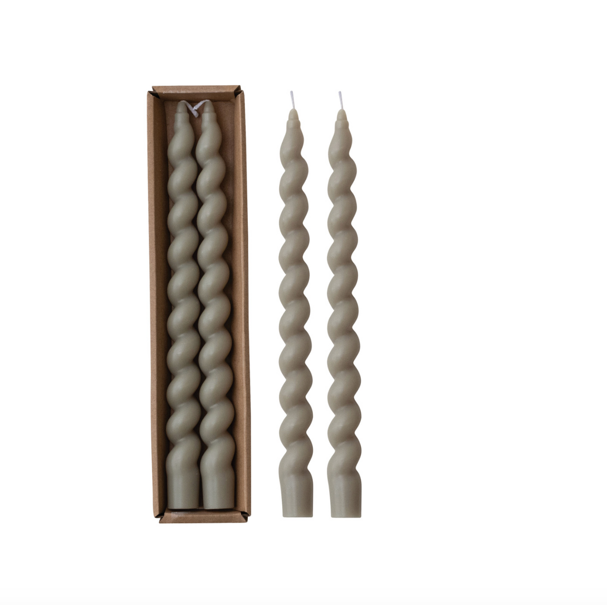 Grey twisted taper candles, two-pack with spiral ridged design