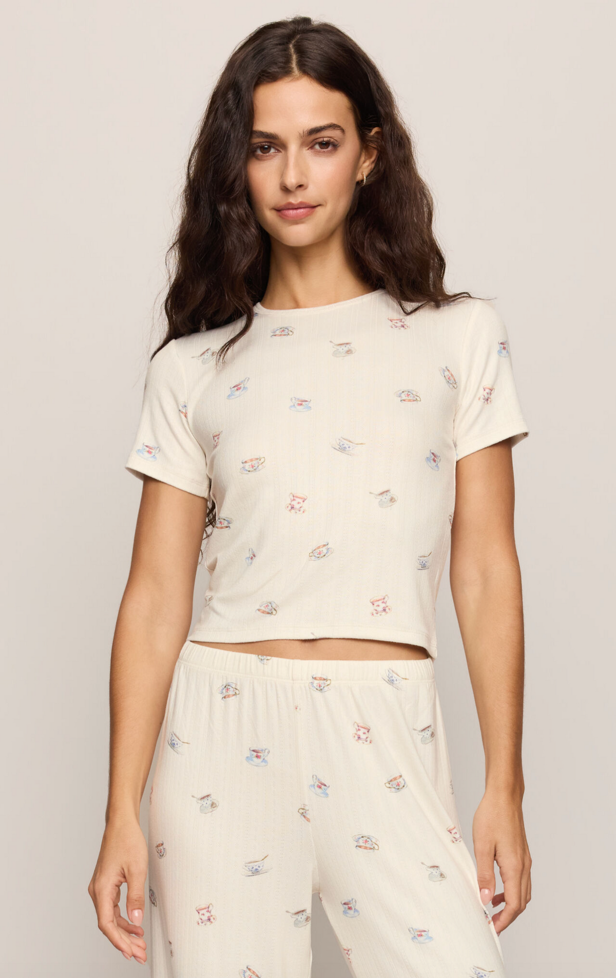 Cream T-shirt with scattered tea cup and teapot prints, short sleeves