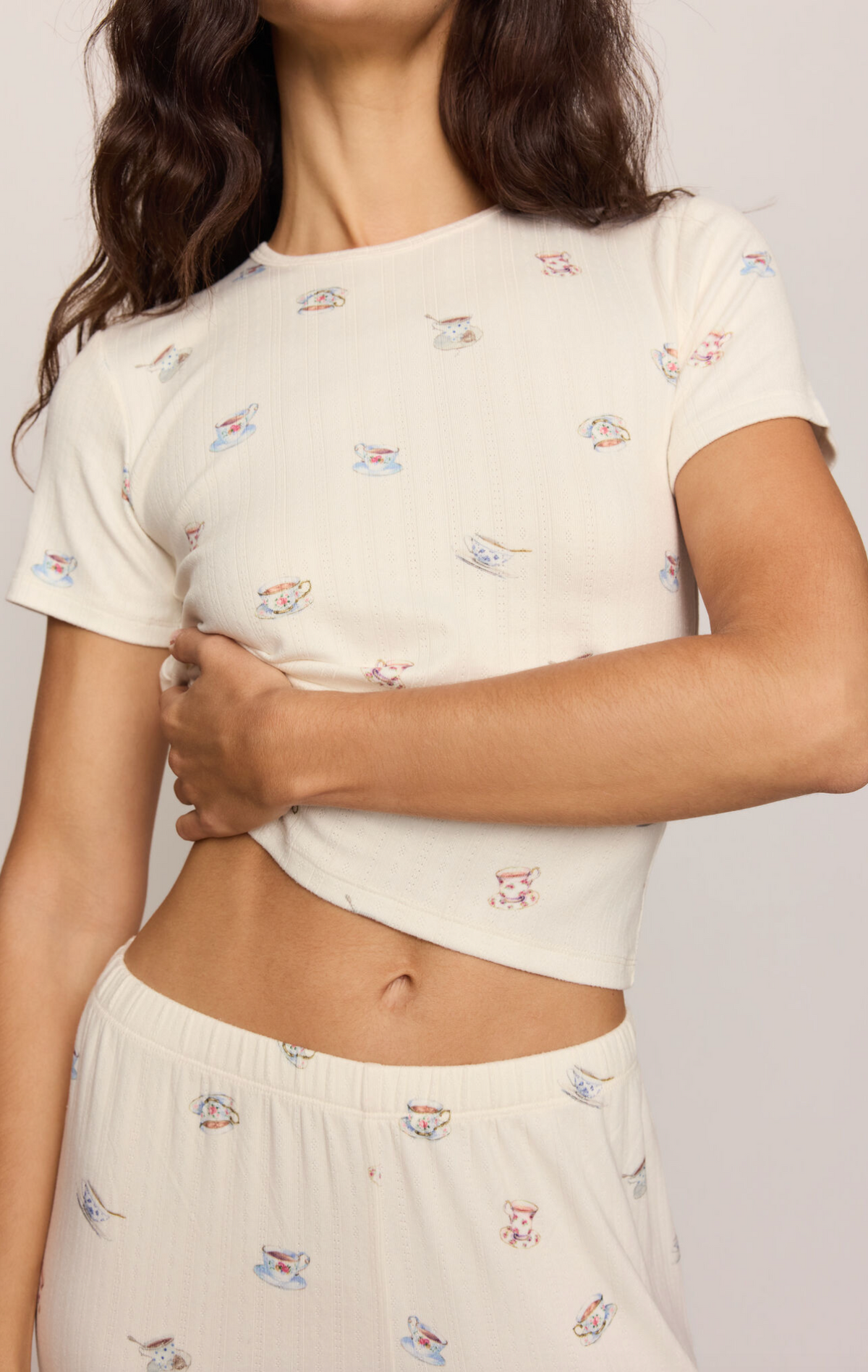 Cream T-shirt with small tea cup and teapot print, crew neck, short sleeves