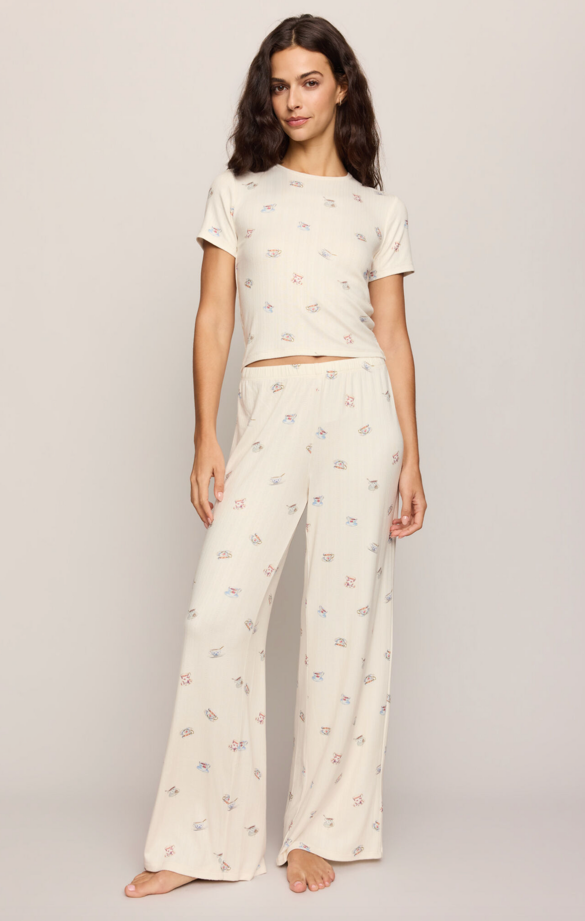 Cream tee and matching wide-leg pants with tea cup and teapot prints