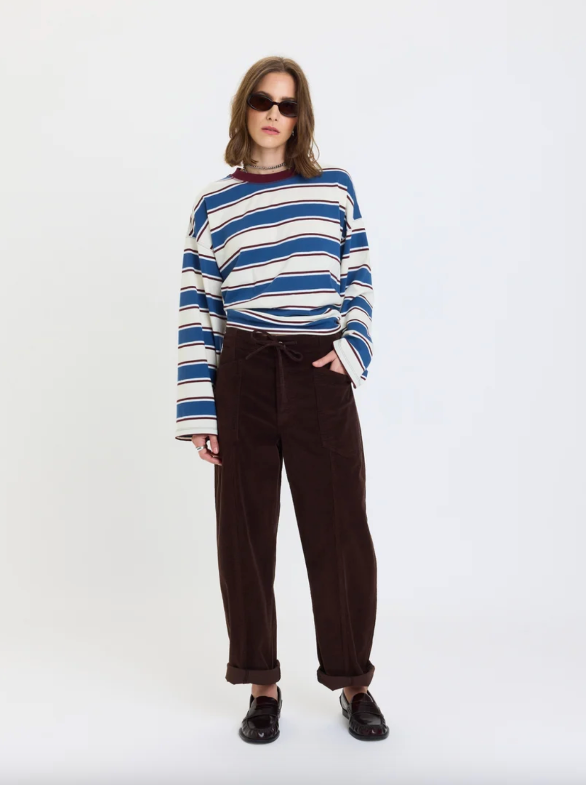Dark brown drawstring barrel pants with front pockets