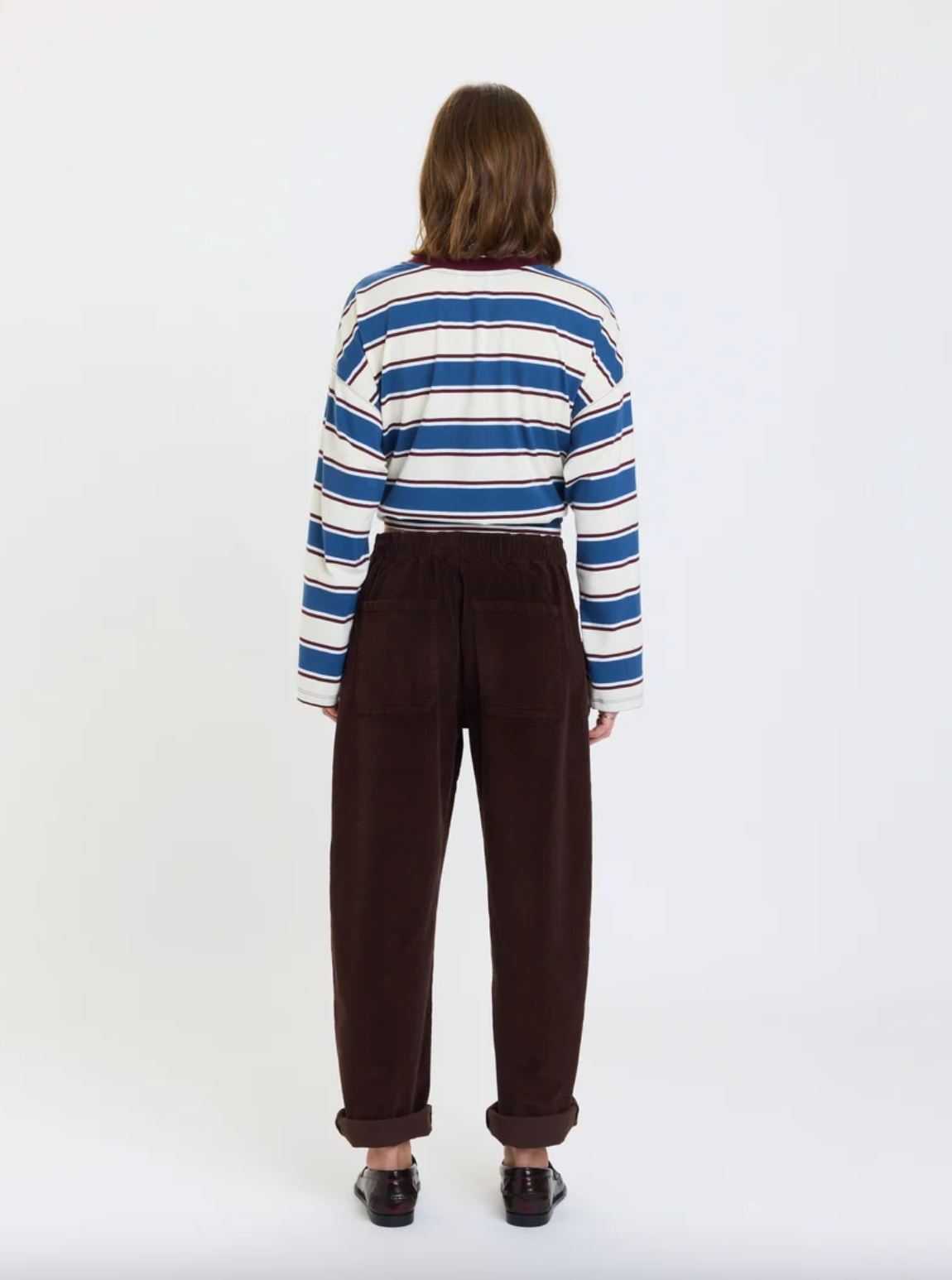 Dark brown drawstring barrel pants back view with tapered leg