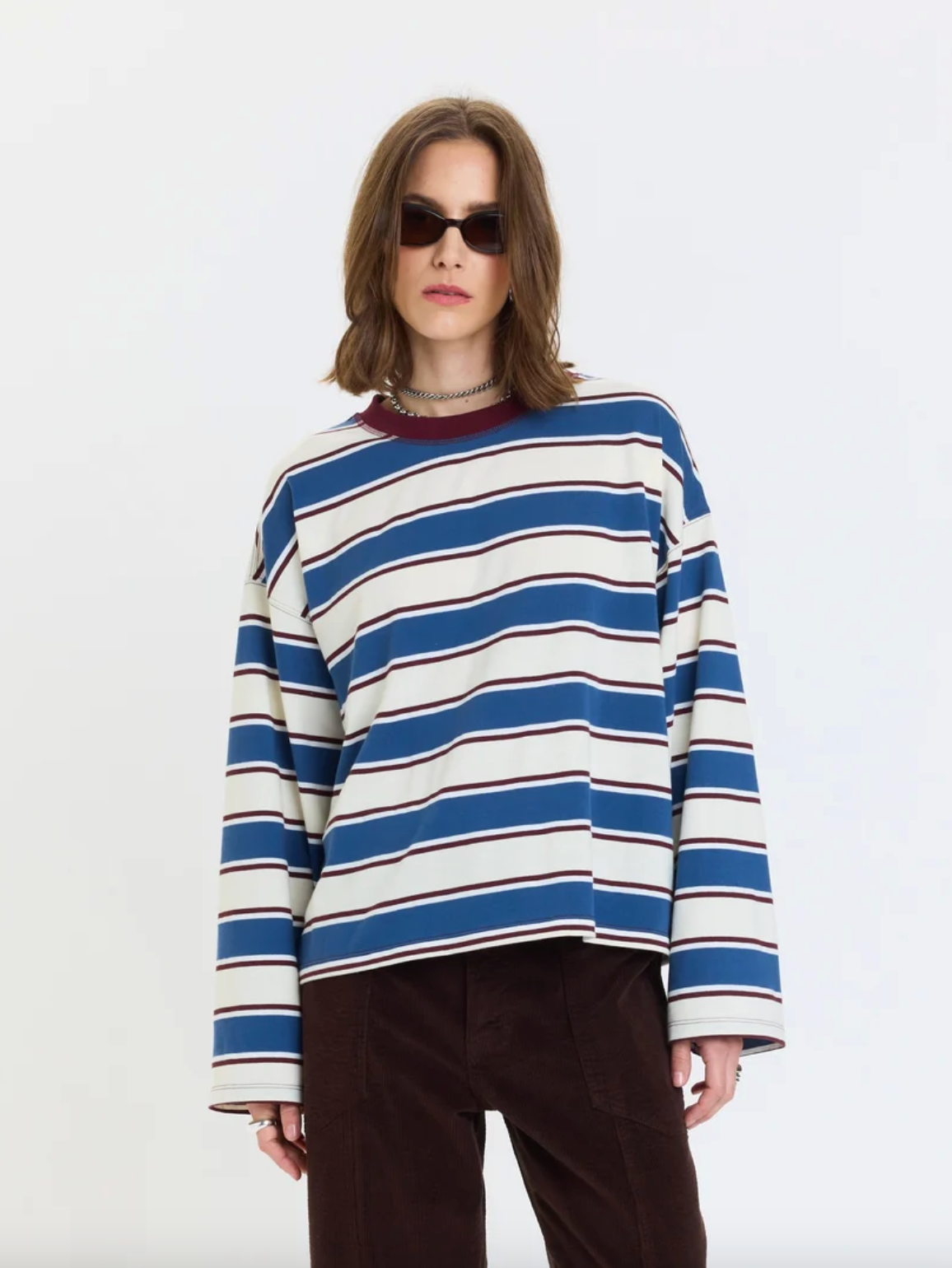 Long-sleeve striped tee, white with navy and maroon horizontal stripes
