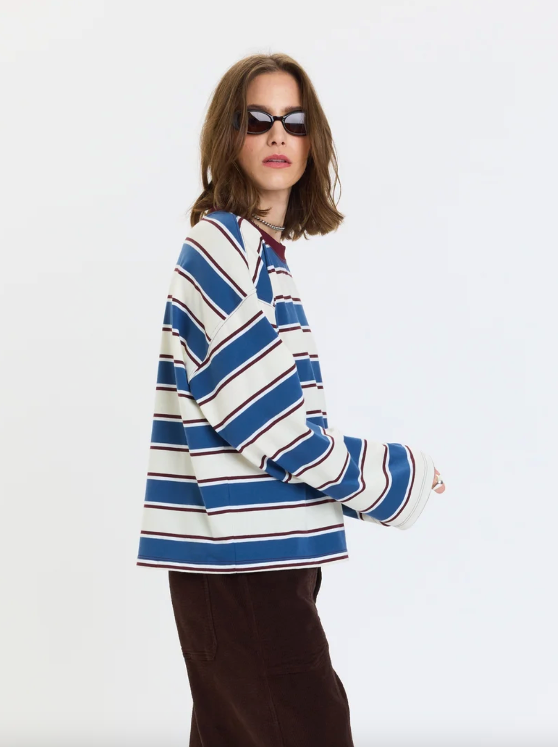 Long-sleeve striped tee, crew neck with white, navy, and maroon horizontal stripes