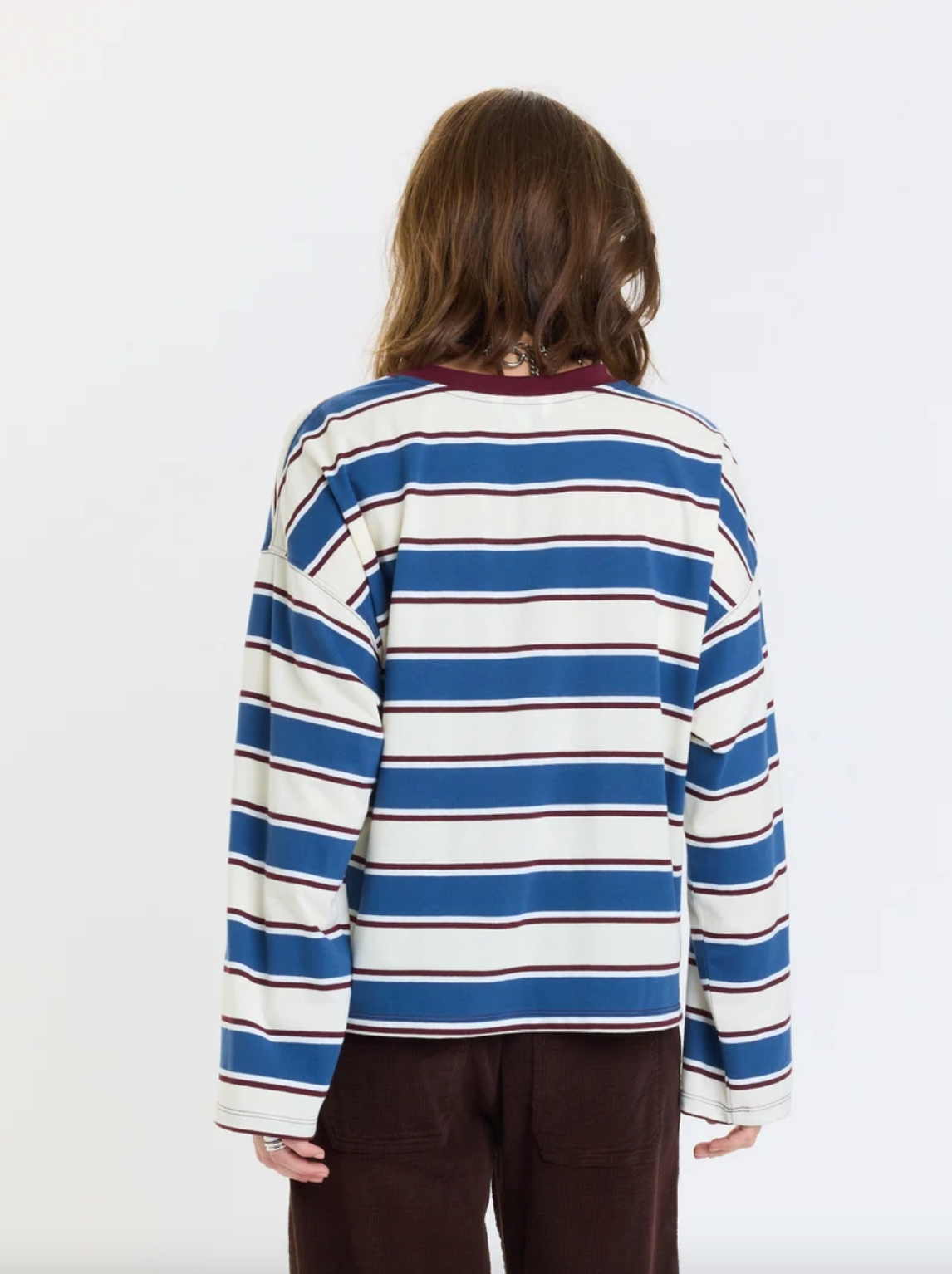 Long-sleeve striped tee (back view), white with navy and maroon horizontal stripes