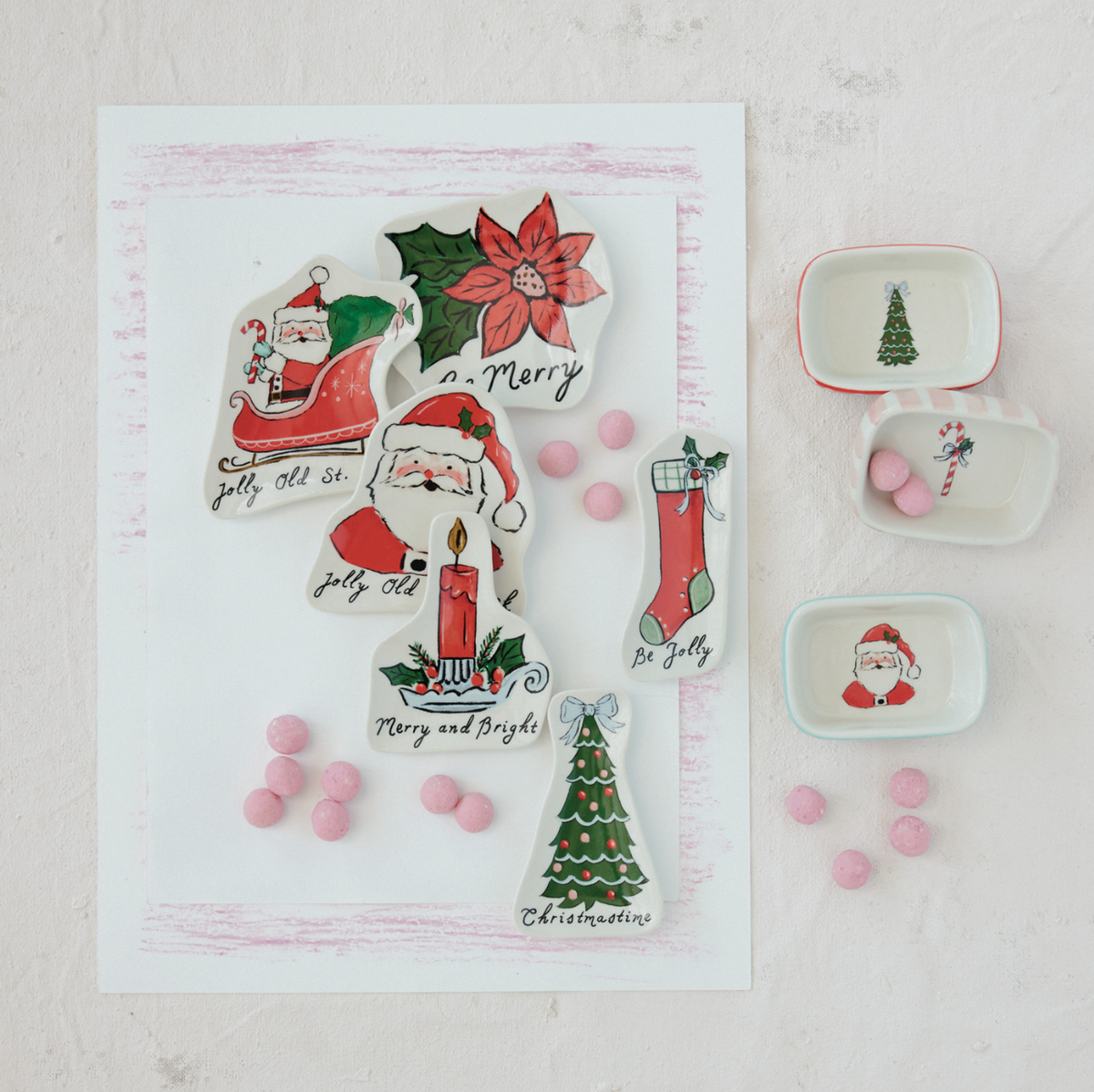 Set of 3 small white ceramic footed dishes with tree, Santa, and holiday stocking prints