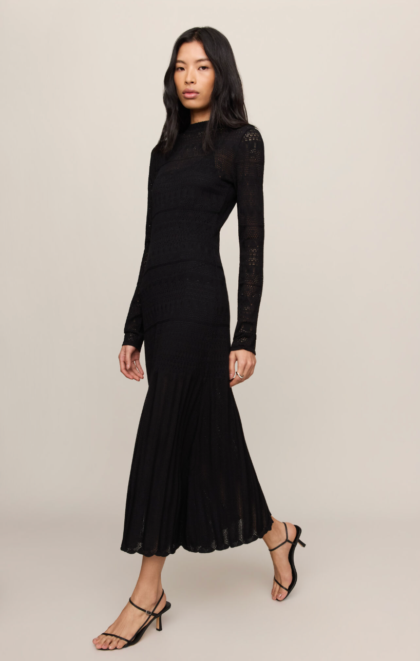 Black midi dress with high neck, fitted bodice, long sheer sleeves, and pleated hem