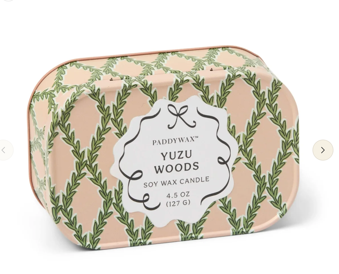 Yuzu Woods soy wax tin candle with botanical leaf print and PADDYWAX label