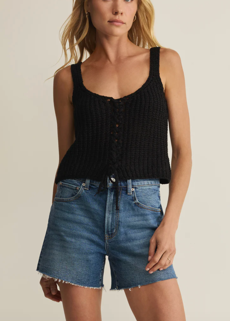 Tate Lace Up Sweater Top - Black
