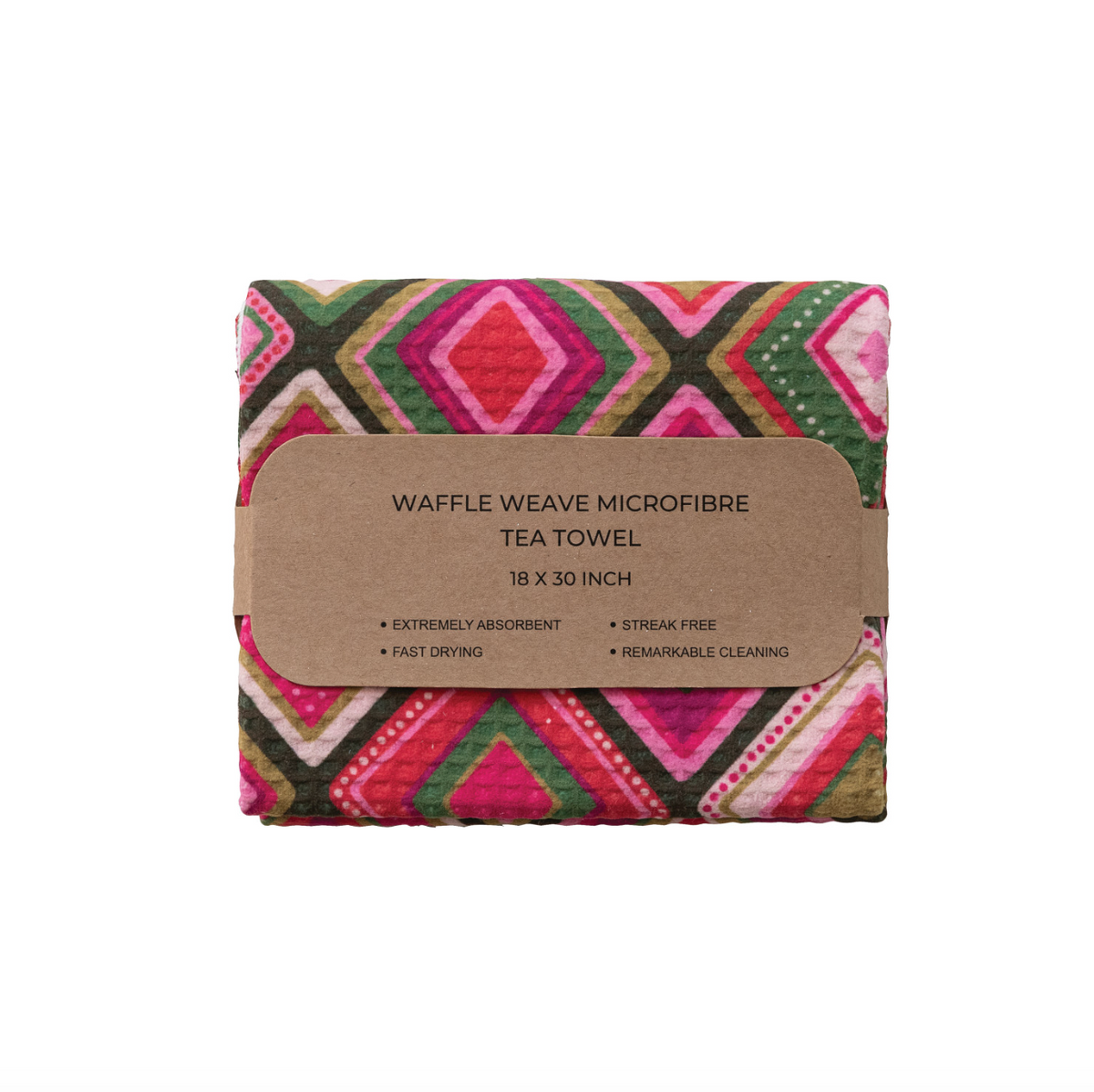 Recycled microfiber tea towel with geometric diamond pattern in pink, green, and gray