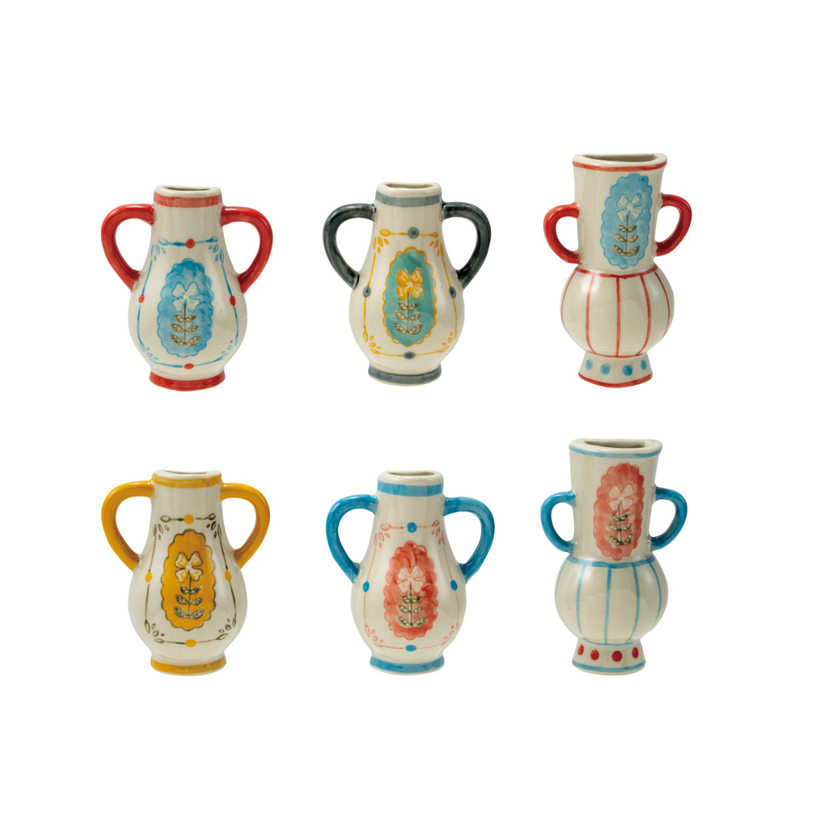 Set of mini vase magnets, colorful ceramic look with floral motifs and handles