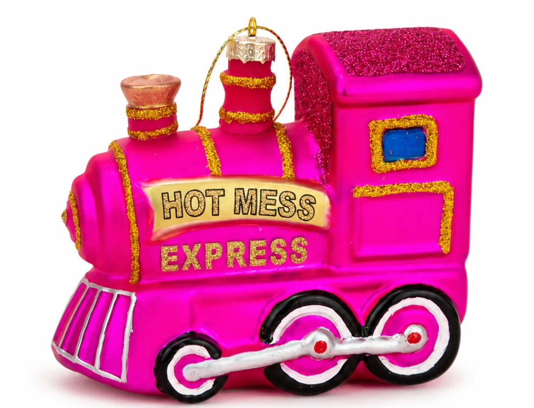 Pink locomotive glass ornament with gold trim, “Hot Mess Express” front, detailed wheels