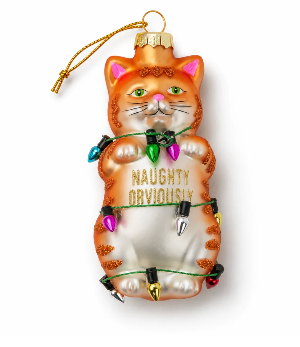 Orange tabby cat glass ornament with green collar and hanging ribbon