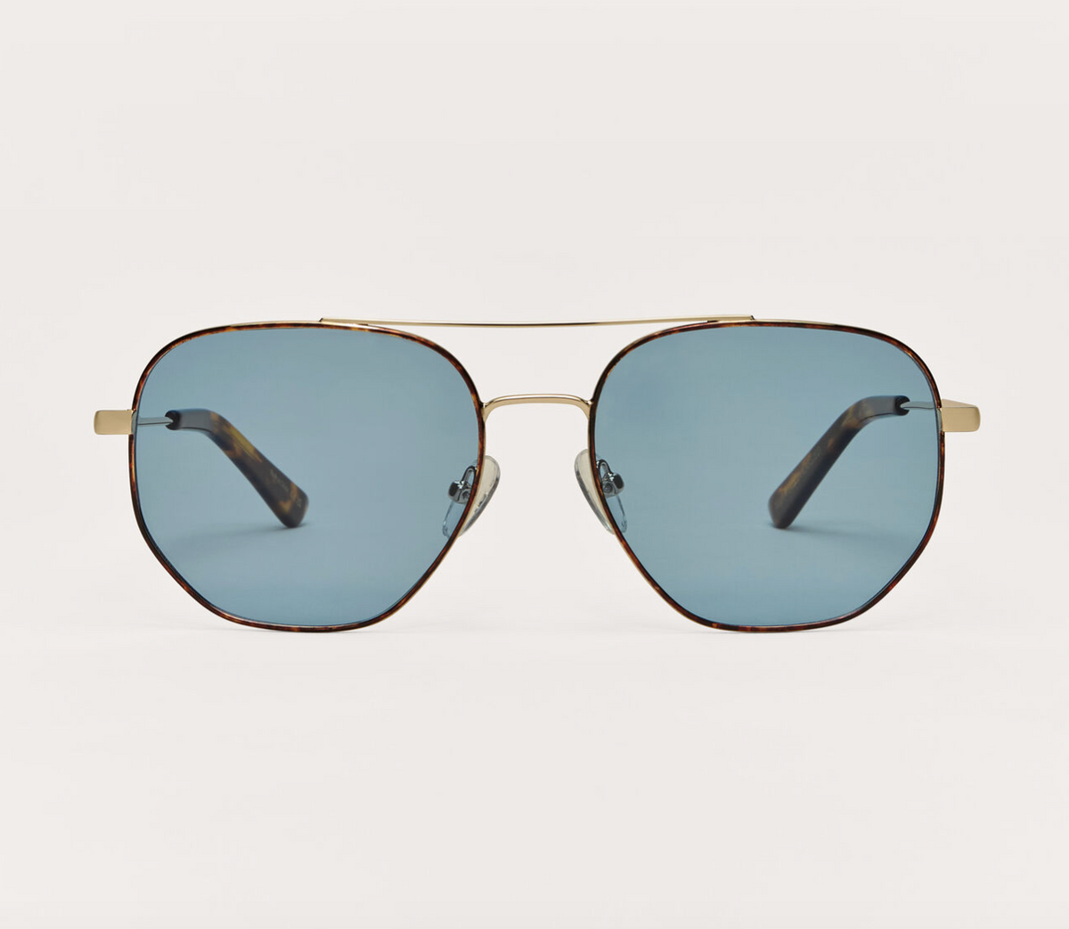 Gold-frame polarized sunglasses with blue lenses, square aviator style
