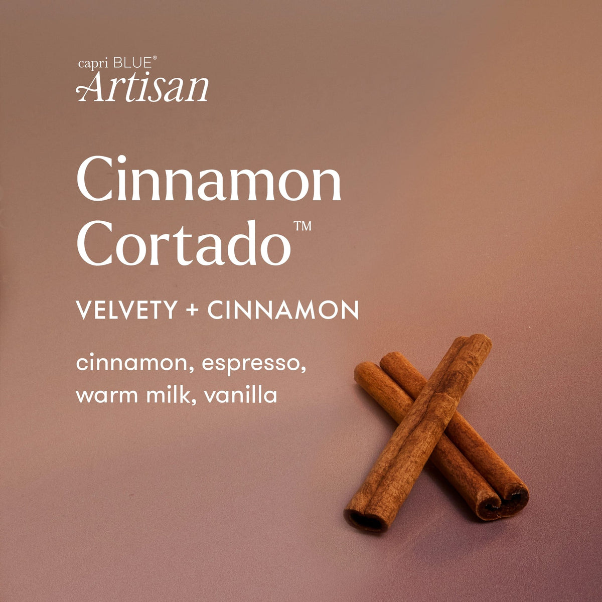 Iridescent cinnamon-scented candle with cinnamon sticks beside it