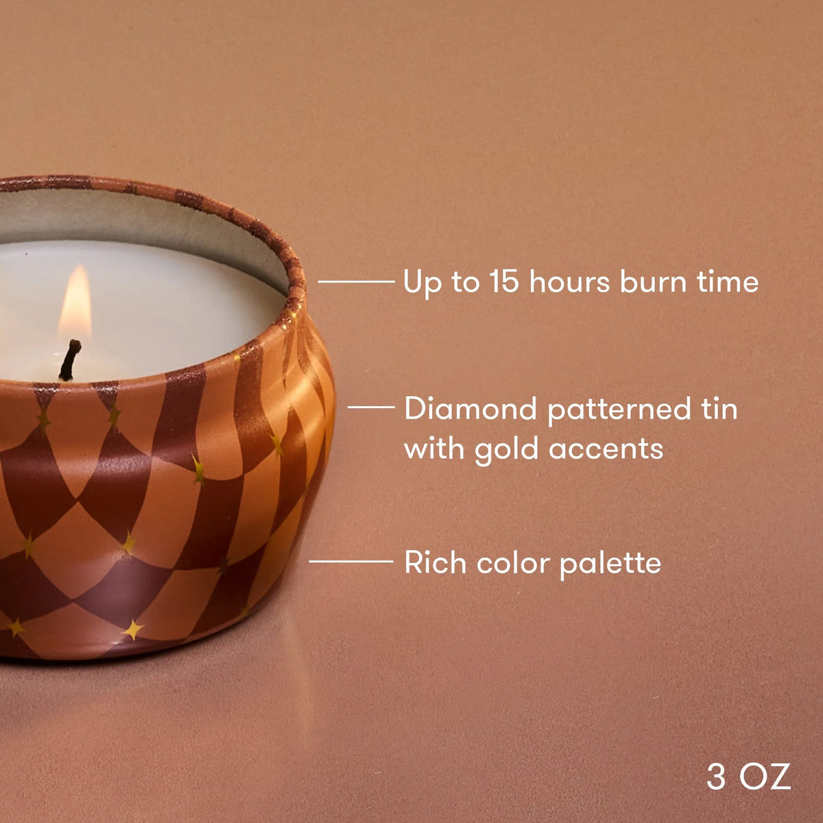 Orange diamond-patterned candle tin with gold rim, lit wick, 3 oz