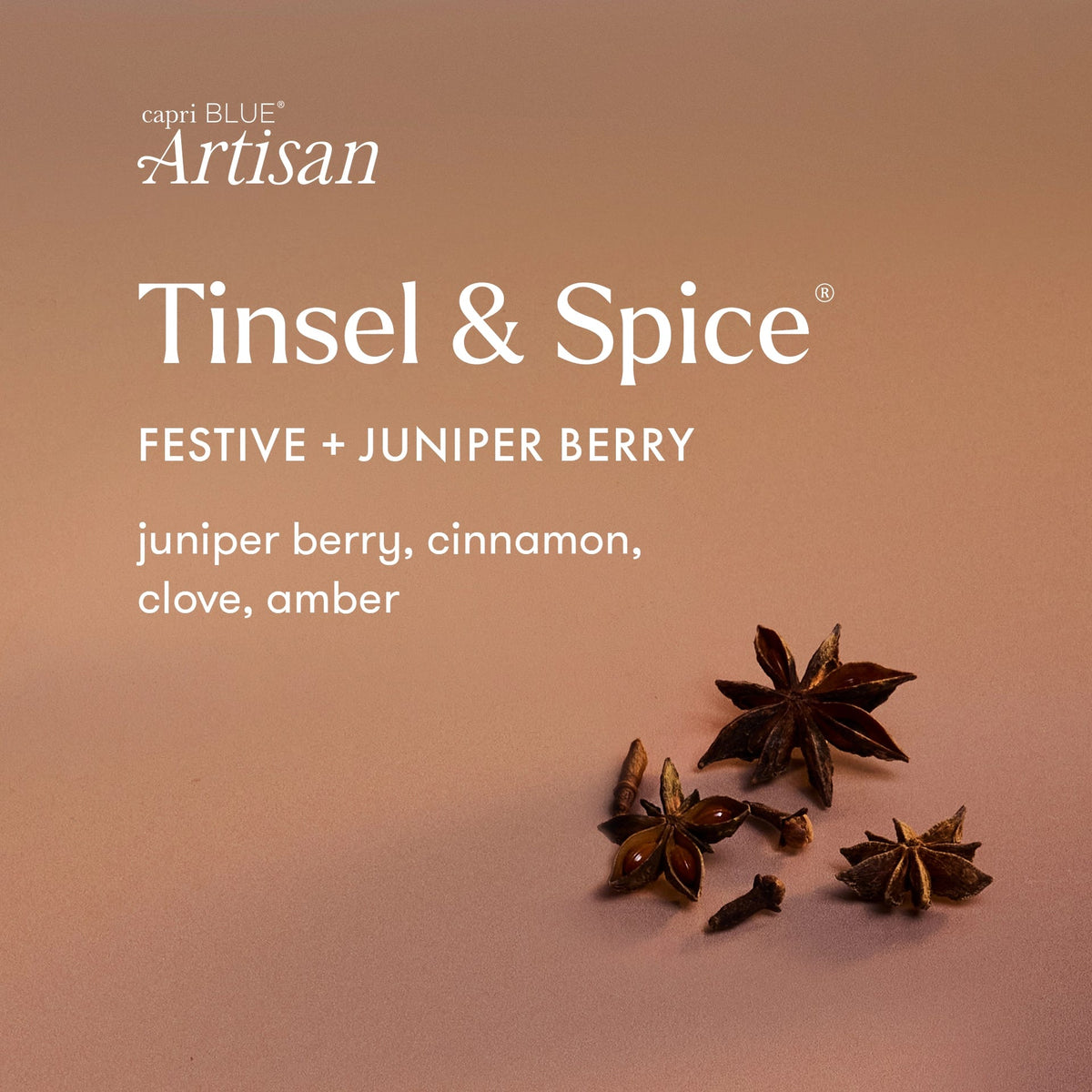 Scented candle card with juniper berry, cinnamon, clove, and amber notes