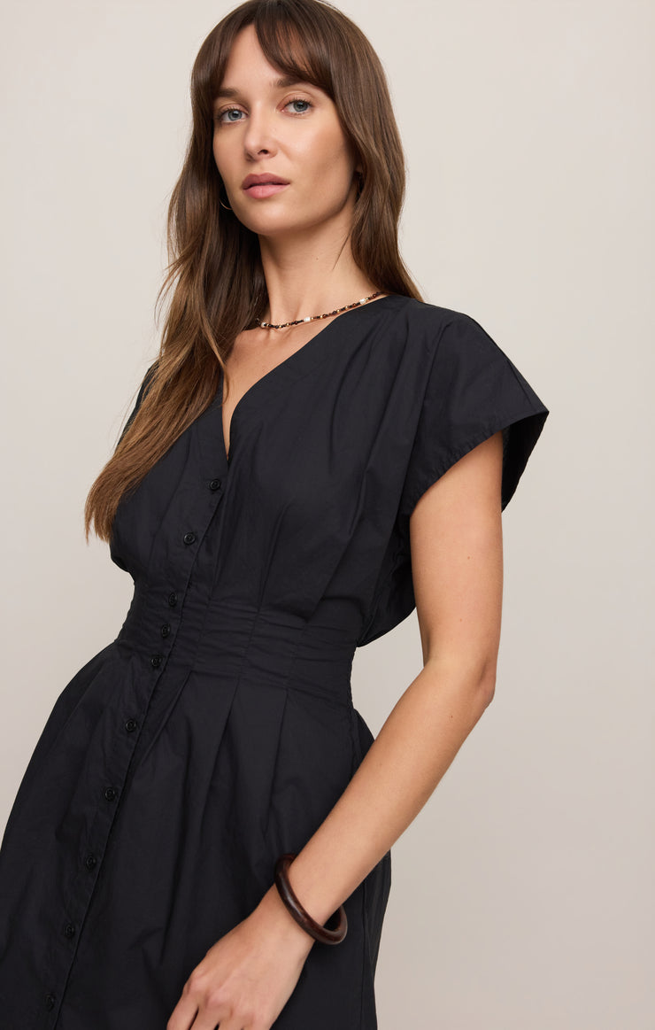 Black poplin mini dress with V-neck, front buttons, short cuffed sleeves